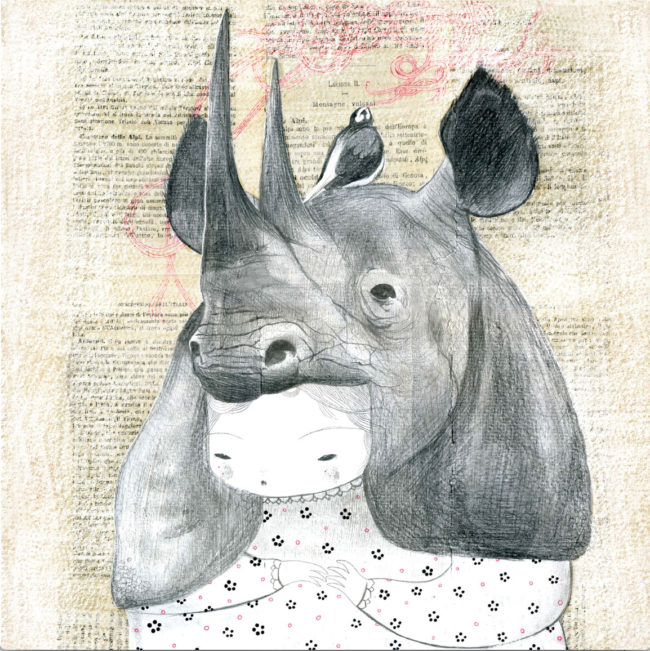 seforapons-acrylics-graphite-colouredpencils-oldpaper-symbiosis-rhinoceros-girl-saichan