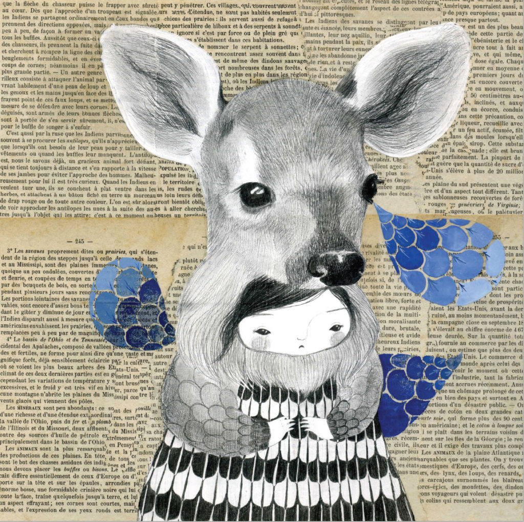 seforapons-acrylics-graphite-oldpaper-symbiosis-deer-girl-faon