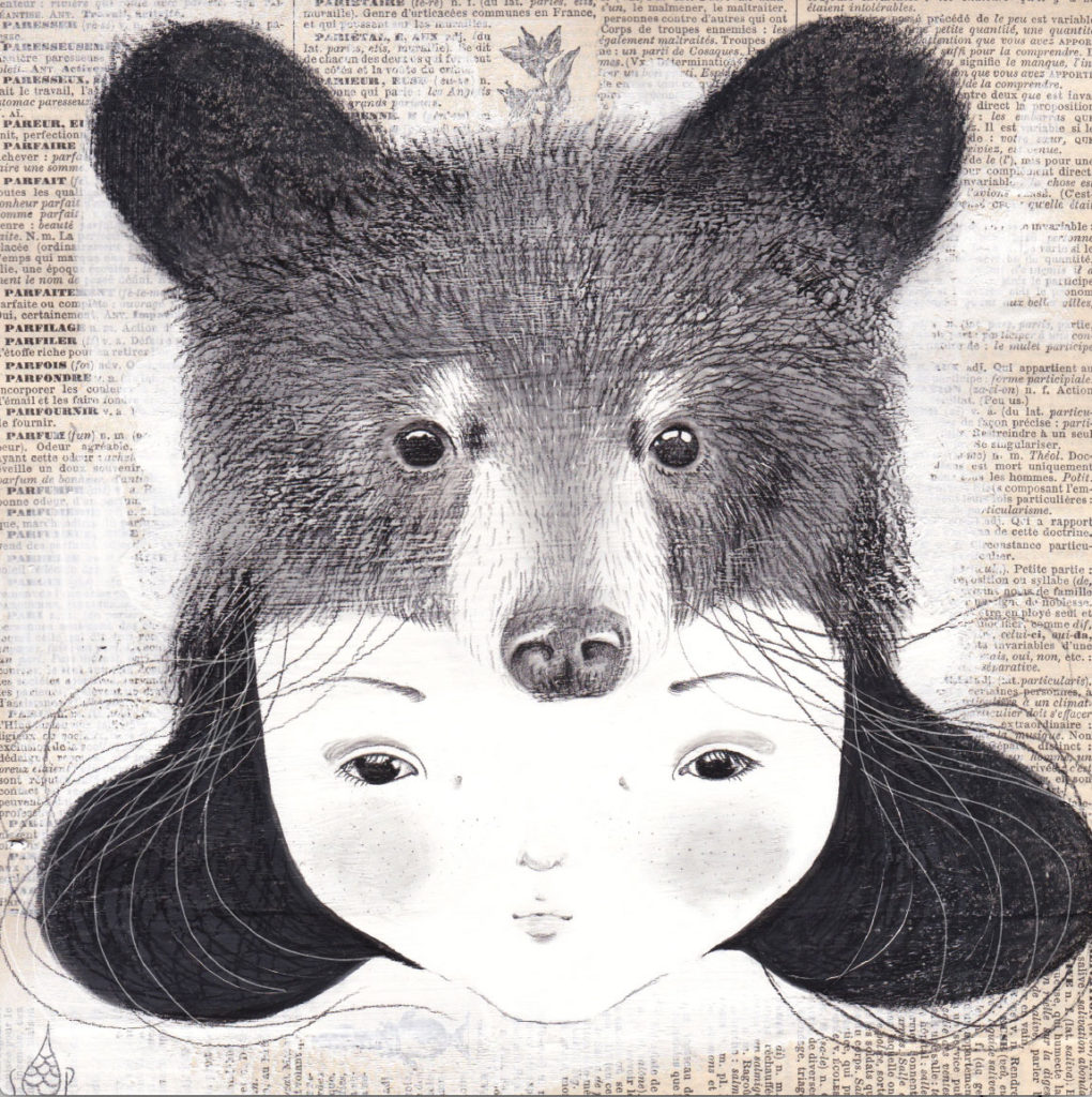 seforapons-acrylics-graphite-oldpaper-symbiosis-bear-girl-kurokuma