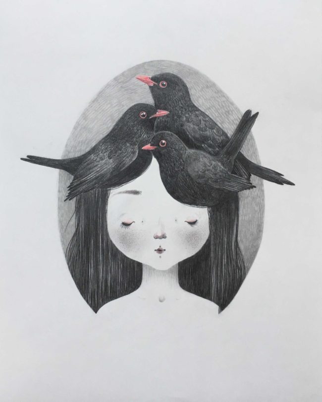 seforapons-graphite-coloured pencils-girl-blackbird-symbiosis-kurotadorichan