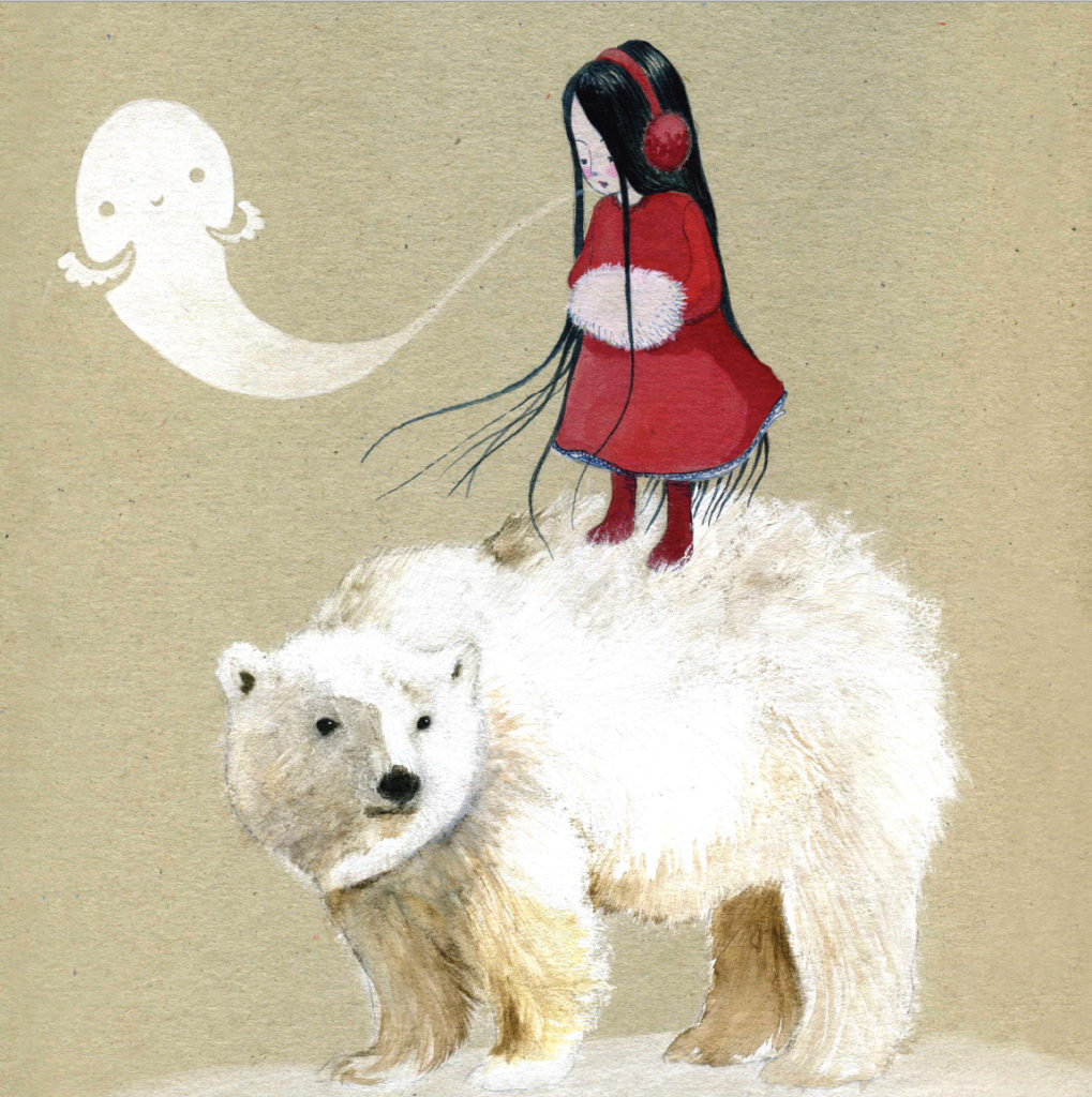 seforapons-illustration-acrylics-watercolor-girl-red-coat-whitebear-ghost