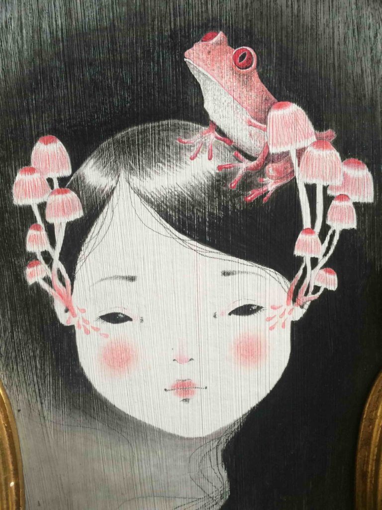 seforapons-acrylics-graphite-colouredpencils-symbiosis-pink-frog-mushroom-kaeruchan-2