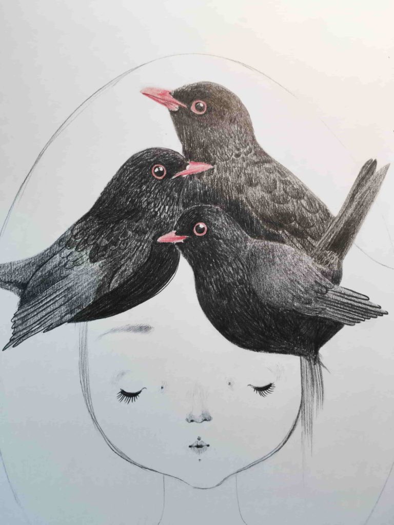 seforapons-graphite-coloured pencils-girl-blackbird-symbiosis-kurotadorichan-2