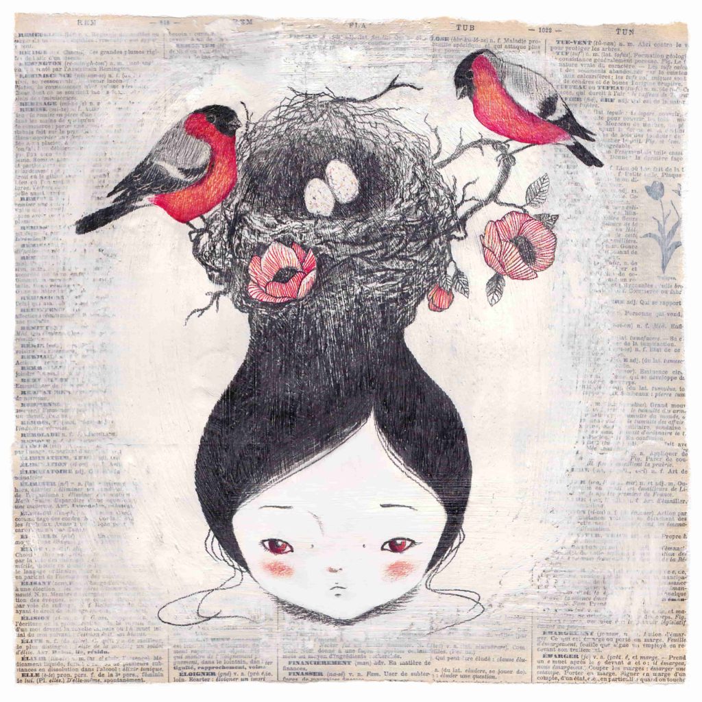 seforapons-graphite-acrylics-coloredpencils-oldpages-symbiosis-girl-nest-suchan