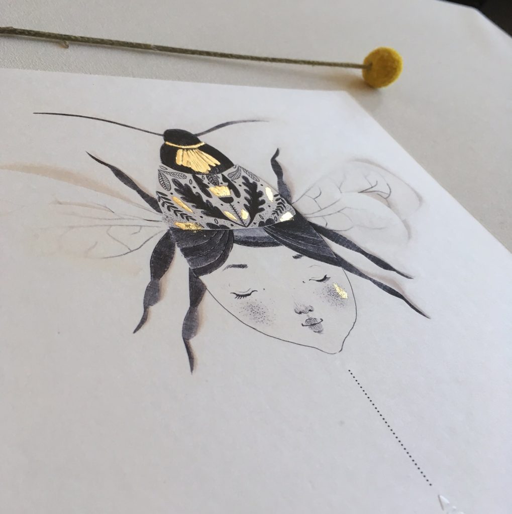 seforapons-graphite-collage-goldleaf-bee-girl-print-proserpina3