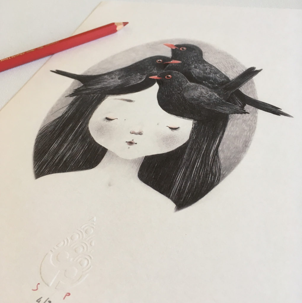seforapons-graphite-coloured pencils-girl-blackbird-print-kurotadorichan2